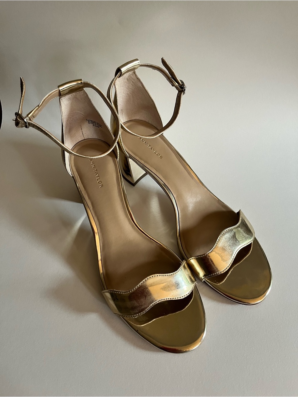 Ann Taylor Shimmery Gold Ankle-Strap Block Heels